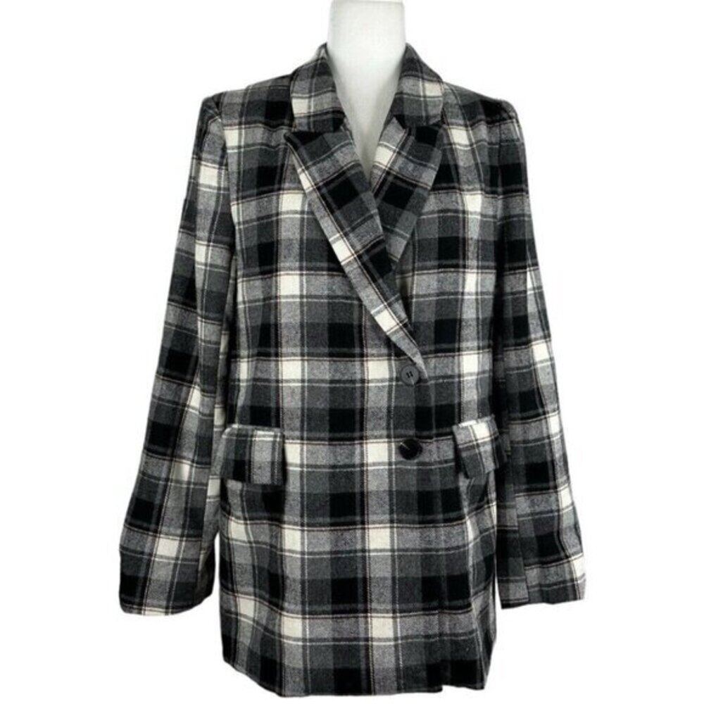 VICI Exclusive x FATE Tartan Plaid Wool Blend Blazer‎ Jacket Black White Med NEW
